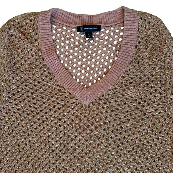New INC Pointelle Pale Mauve Gold Sweater Women's XL Metallic V Neck Open Stitch - Picture 2 of 14
